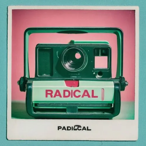 A graphic with the word "Radical" in stylized, bold pink and green font with a drop shadow, centered on a light blue background.,a green polaroid camera mounted to a postcard with the word radical wri