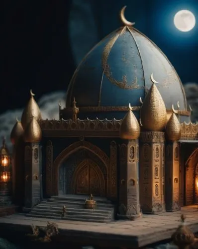 a d&d temple dedicated to a moon deity,ramadan background,3d render,mosques,3d fantasy,islamic lamps,3d model,star mosque,3d rendered,cinema 4d,diorama,islamic architectural,render,miniature house,mos