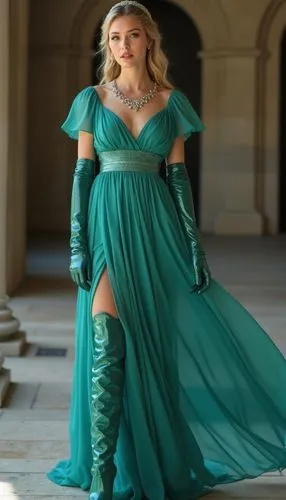 suggestive adult teen wear greek long elegant teal dress with short sleeves and  long crystal teal opera leather gloves and  thigh high crystal teal boots matching the color of the dress (elegant) par