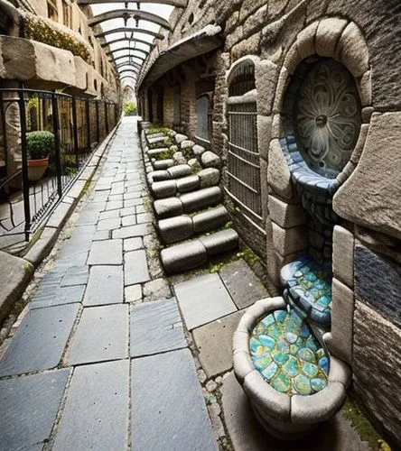 In a picturesque ancient street, paved with cobblestones and adorned with a series of low arches, there stands a wall fountain on the left side. The fountain, with its elliptical shape, features a fra