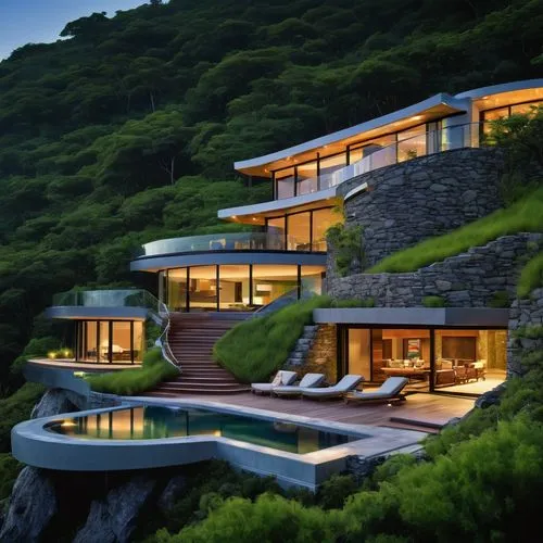 house in mountains,house in the mountains,house by the water,amanresorts,cliffside,fallingwater,dreamhouse,beautiful home,dunes house,luxury property,modern architecture,terraced,luxury home,hillside,modern house,landscaped,roof landscape,secluded,holiday villa,mountainside,Illustration,Retro,Retro 14