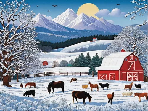 Winter on the Farm (358 Piece Wooden Jigsaw Puzzle),red barn,winter animals,christmas landscape,farm animals,snow scene,winter landscape,farm landscape,christmas animals,snow landscape,alpine pastures