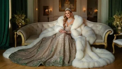 diamond necklace,a woman is sitting on a white couch wearing a fur stole,opulence,imperial coat,fur coat,opulently,miss circassian,peignoir