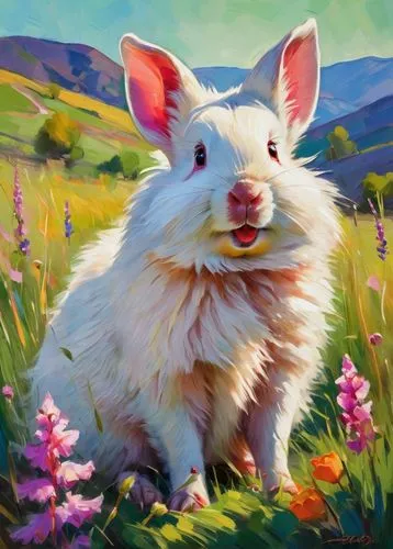 pet portrait,springtime background,animal portrait,guineapig,flower animal,spring unicorn,brush ear pig,color rat,whimsical animals,anthropomorphized animals,angora,cavy,goatflower,meadow in pastel,easter lamb,pig,sheep portrait,potato blossoms,field hare,bunny on flower,Conceptual Art,Oil color,Oil Color 25