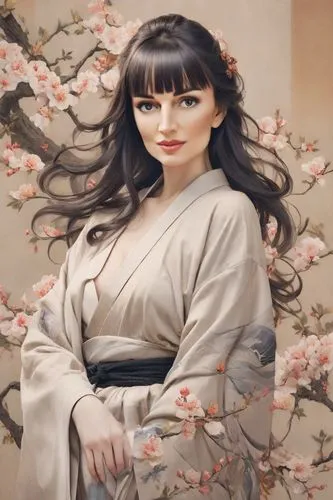 geisha,kimono,geisha girl,japanese floral background,oriental princess,katsura,Photography,Realistic