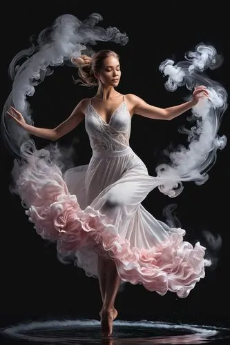 (masterpiece), best quality,Photographic realistic 16k , ultra detailed, photograph of a female creative  dancer in white smoke spiral in a black reflective waters, pale pink  lace satin silky flowing