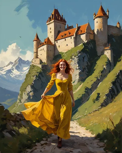 gold castle,fantasy picture,castles,world digital painting,fantasy portrait,knight's castle,ruined castle,fantasy art,castle,castel,medieval castle,castle of the corvin,templar castle,castle ruins,woman playing,yellow mustard,church painting,transylvania,citadelle,fantasy landscape,Conceptual Art,Fantasy,Fantasy 06