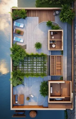 floating huts,houseboat,house by the water,house with lake,inverted cottage,floating islands,sky apartment,floating island,pool house,over water bungalow,summer cottage,roof landscape,floorplan home,shared apartment,boat dock,an apartment,3d rendering,wooden decking,small house,flat roof,Photography,General,Realistic