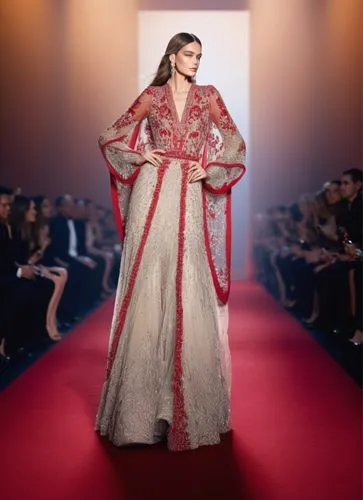 the fashion show shows an elegant gown and cape,a floor-length dress,tahiliani,caftan,siriano,mastani,galliano,Illustration,Realistic Fantasy,Realistic Fantasy 06