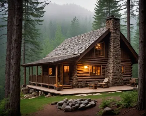 Rustic cabin, wooden structure, sloping roof, chimney, stone foundation, surrounded by tall trees, forest environment, warm lighting, cozy atmosphere, wooden deck, outdoor furniture, nature-inspired d