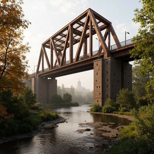 Historic steel bridge, rusty orange hues, weathered metal textures, industrial-era aesthetic, misty river surroundings, lush green vegetation, natural stone piers, warm golden lighting, shallow depth 