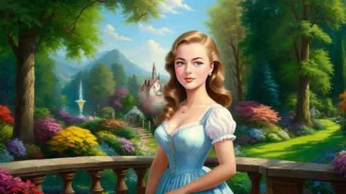 Romantic masterpiece oil painting, cute girl portrait, nostalgic 1950's style kitsch, vibrant botanical garden landscape, classic Victorian Europe scenery, by Thomas Kinkade, by Bob Ross,girl in the g