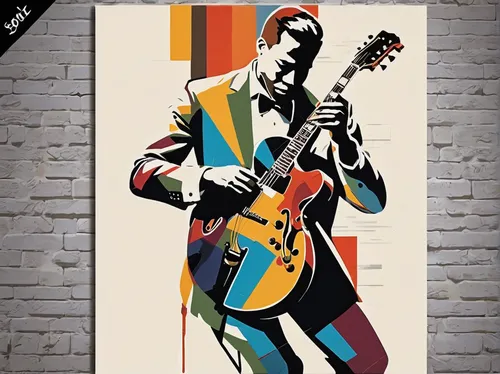 jazz guitarist,vector graphic,jazz bass,cool pop art,wpap,rainbow jazz silhouettes,painted guitar,memphis pattern,man with saxophone,jazz,pop art style,upright bass,saxophone playing man,adobe illustrator,vector illustration,guitar player,epiphone,blues and jazz singer,double bass,rockabilly,Illustration,Vector,Vector 01