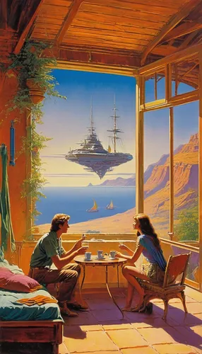 home landscape,futuristic landscape,ufo intercept,ufo interior,the cabin in the mountains,romantic scene,ufos,idyll,summer cottage,holiday home,sci fiction illustration,cottage,idyllic,ufo,travelers,fantasy picture,boat landscape,the horizon,summer evening,breakfast room,Conceptual Art,Sci-Fi,Sci-Fi 19