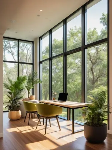 Modern interior design firm, Tampa, Florida, sleek glass building, minimalist reception area, wooden floors, cream-colored walls, floor-to-ceiling windows, natural light pouring in, lush green plants,