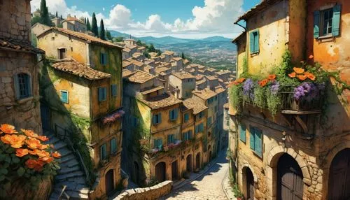 volterra,tuscan,cortona,civita,civitella,borghi,urbino,toscana,zagaria,meteora,bergamo,assisi,alpine village,medieval town,mountain village,pienza,artena,strada,medina,kotor,Conceptual Art,Oil color,Oil Color 06