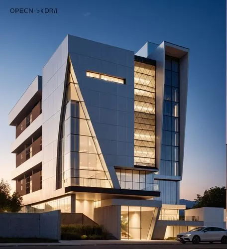 a building with a lot of windows at dusk,modern architecture,lodha,modern office,modern building,oticon,oberoi,Photography,General,Realistic