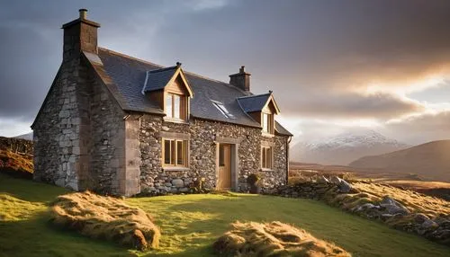 Modern croft project, Scottish Highlands, traditional stone cottage, rustic wooden door, vines crawling up walls, steeply pitched roof, chimney puffing out smoke, cozy interior, large windows, breatht