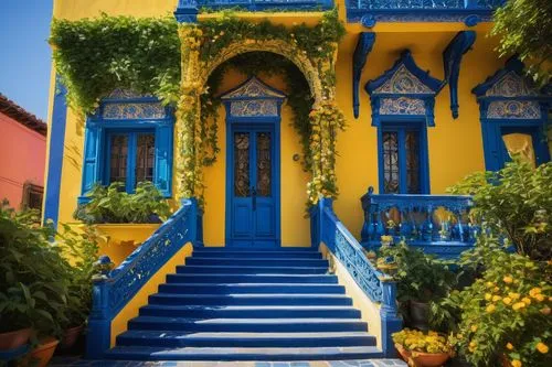 majorelle,colorful facade,casa,blue doors,escalera,barretos,blue door,yellow and blue,paracatu,escaleras,escalona,burano,djerba,riad,azul,boca,guanajuato,azules,tlaquepaque,malaga,Illustration,Paper based,Paper Based 04