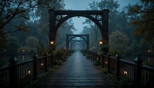 Mysterious gothic bridge, dark stone arches, ornate ironwork, misty foggy atmosphere, dimly lit lanterns, weathered wooden planks, rusty metal railings, eerie twilight shadows, moss-covered stonework,