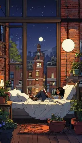 bedroom window,sleeping room,night scene,evening atmosphere,dorm,romantic night,Illustration,Children,Children 04