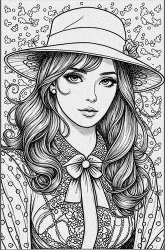 a drawing of a woman wearing a hat and dress,coloring page,coreldraw,fashion vector,girl wearing hat,the hat-female,straw hat,Design Sketch,Design Sketch,Black and white Comic