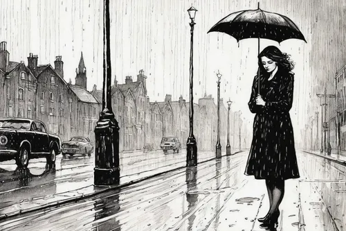 brolly,man with umbrella,rain,rainy day,olle gill,walking in the rain,raining,heavy rain,light rain,in the rain,rainy,david bates,rains,rainy weather,monsoon,rainstorm,vintage illustration,little girl with umbrella,vintage drawing,a pedestrian,Illustration,Retro,Retro 06