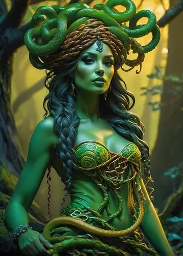 gummy worm Medusa, fantasy creature, green slimy skin, wavy long hair made of gummy worms, golden headband, colorful beaded braids, mesmerizing gaze, full-body snakeskin tattoo, Greek mythology inspir