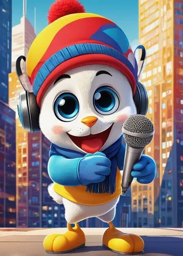 Mascot logo, cartoon style, colorful, round shape, smiling face, big eyes, fluffy ears, red hat, blue scarf, yellow gloves, holding a microphone, standing on one leg, dynamic pose, urban background, c