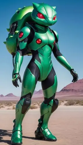 Emerald green bodysuit with darker green patches. A large, bulb-shaped backpack that can open to release energy blasts. Retractable vine whips in gauntlets. Helmet shaped like Bulbasaur's head with gl