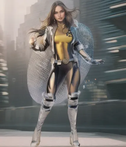 super girl, beautiful, perfect face, sculptural body, in a futuristic city, new york, quality image, cinema,sprint woman,kryptarum-the bumble bee,x-men,wasp,xmen,nova,yellow jacket,x men,bumblebee,gra