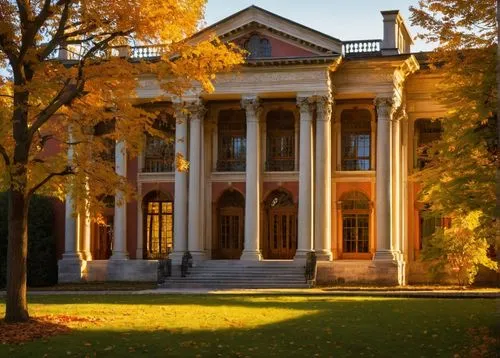 American library, neoclassical architecture, Norton Design, 17th-19th century, grand stone columns, ornate carvings, high ceilings, large stained glass windows, wooden bookshelves, ladder to reach top