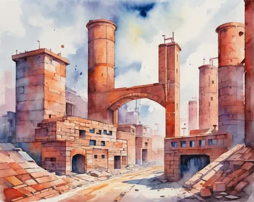 watercolor background,watercolor,watercolors,industrial ruin,ruins,watercolor shops,industrial landscape,watercolor sketch,watercolour,brick-kiln,factory chimney,watercolor painting,chimneys,smoke stacks,ancient city,ancient buildings,karnak,water color,the ruins of the,gunkanjima,Illustration,Paper based,Paper Based 25