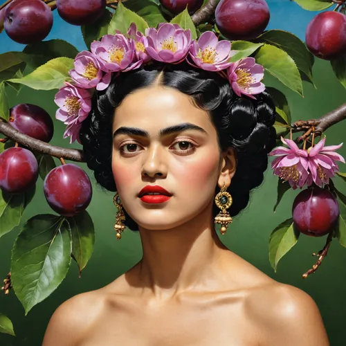 frida,cherries,west indian jasmine,rowanberries,pomegranate,grapes goiter-campion,sweet cherries,plums,apple harvest,girl picking apples,wild cherry,indian jasmine,red plum,passionfruit,european plum,fruit blossoms,laurel cherry,passion fruit,woman eating apple,passionflower,Art,Artistic Painting,Artistic Painting 31