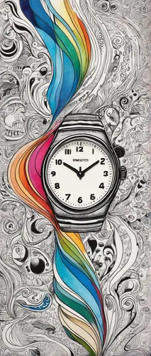 Craft a poetic piece capturing the beauty of a Swatch watch, using vivid imagery and flowing language.,flow of time,time spiral,quartz clock,sand clock,klaus rinke's time field,clock face,time pressur