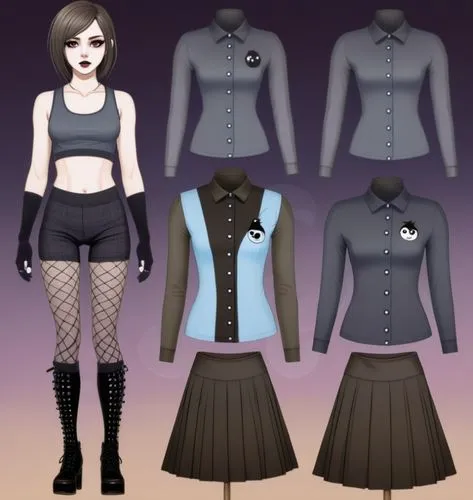 Paper doll 2d cartoon goth brown haired girl in black sleeveless shirt ,black tight fit spandex shorts, complete full length fishnet and black goth knee Boots, standing surrounded by with a set of got