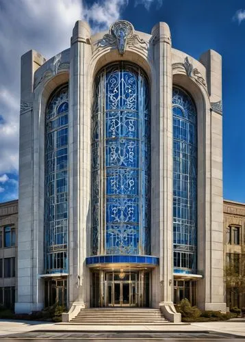 Modern GMB (General Motors Building) architecture, Art Deco style, skyscraper, urban landscape, cityscape, sunny day, blue sky with few white clouds, detailed stone carvings, geometric patterns, ornat