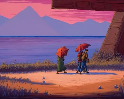 scummvm,simione,ermione,guybrush,romantic scene,explorers,dusk background,river pines,pines,honeymoon,adventurists,stroll,background image,adventurers,summer evening,wanderers,clementine,little boy an