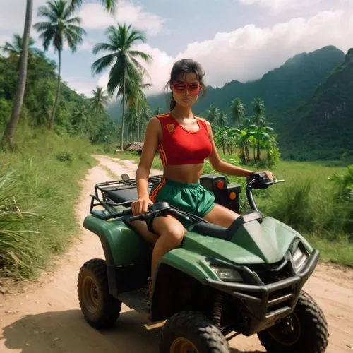 a film still from a 1980s action movie, a vietnamese woman wearing a red sports midriff top and green canvas shorts is riding an ATV offroad viehicle. Palm trees and tropical jungle in the background.