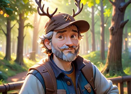 A 40 year old man, he is a forester, he is wearing a cap with a deer logo on it, his beard is chesnuts colored,an illustration of a man with antlers and deer horns,farmer in the woods,dipper,woodsman,