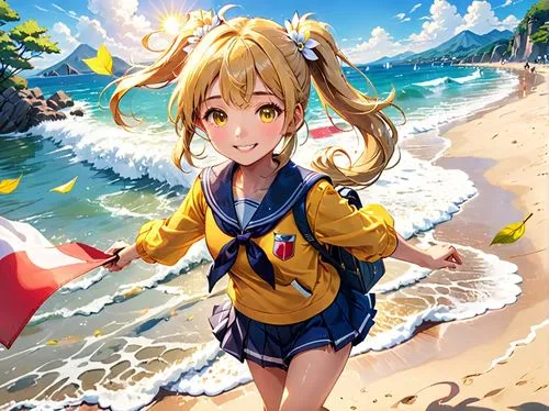 The sun beats down on a sandy beach as a young girl in a bright yellow mischievous sailor suit with flowing white ponytail and long hair stands on their hind legs, holding a school bag tightly. She ga