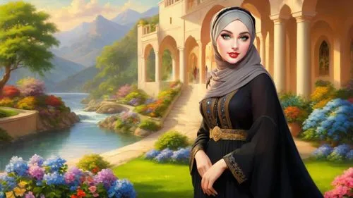 Romantic masterpiece oil painting, beautiful girl portrait, abaya dress, nostalgic 1950's style kitsch, breathtaking beautiful epic vast landscape, majestic scenery, highly detailed, high res, absurdr