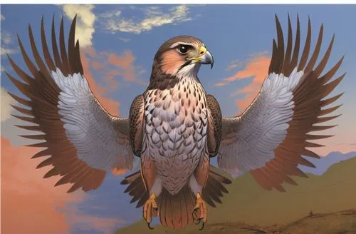 Line drawing of a falcon.,a painting of a brown and white hawk in the sky,lanner falcon,eagle illustration,aguila,mountain hawk eagle,saker falcon,falconidae,Illustration,Vector,Vector 03