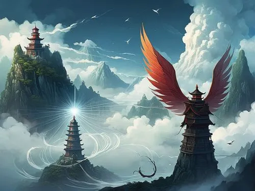 bird kingdom,fantasy landscape,fantasy picture,fantasy art,fairy chimney,phoenixes,Illustration,Realistic Fantasy,Realistic Fantasy 25