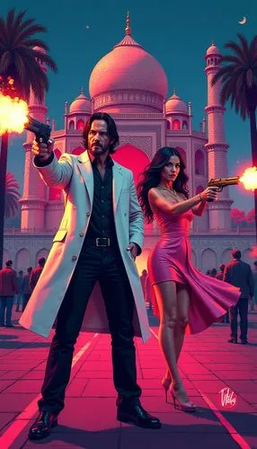 keanu reeves as john wick in white overcoat shooting with gun in air and ana de armas as joi from blade runner, in a raunchy dress, firing with a shotgun in air. neon tajmahal background, ,a man and w