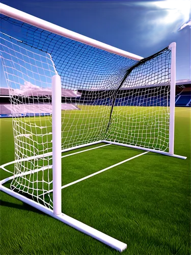 Stadium goal, soccer net, white posts, black mesh, shiny surface, metal frame, grassy field, sunny day, dramatic lighting, low-angle shot, 3/4 composition, vivid color tone, realistic texture.,a socce