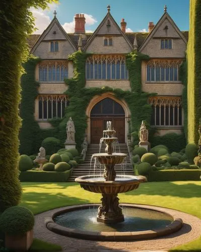 Elizabethan England architecture, grandiose palace, ornate stone carvings, tall spires, stained glass windows, intricately designed wooden doors, lush green gardens, trimmed hedges, walking paths made