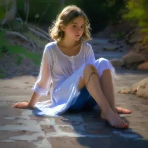 Girl,girl on the river,the blonde in the river,girl sitting,mystical portrait of a girl,relaxed young girl,girl on the dune,digital compositing,girl with cloth,photo painting,girl in a long dress,bare