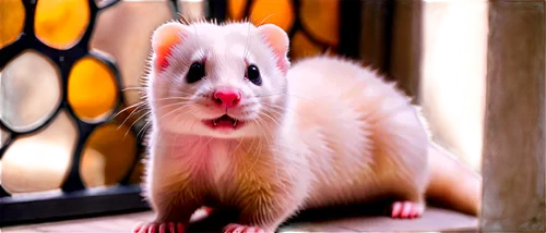 Ferret-faced, cute, white fur, pink nose, black eyes, whiskers, pointed ears, slender body, short legs, sitting, playful, innocent, soft focus, warm lighting, 3/4 composition, shallow depth of field.,