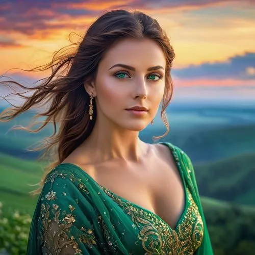 celtic woman,romantic portrait,celtic queen,ukrainian,fantasy portrait,young woman,eurasian,romantic look,girl in a long dress,beautiful young woman,landscape background,portrait photography,portrait background,beautiful woman,beautiful girl with flowers,beautiful women,a charming woman,green dress,fantasy picture,woman portrait,Photography,General,Commercial